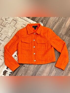 Rachel Zoe Orange Tweed Cropped Jacket Gold Crest Buttons XS